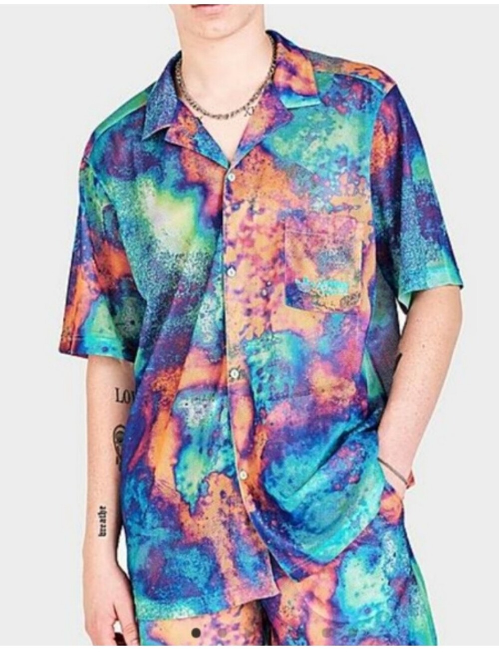 adidas Men's Multicolor Mesh Abstract Button-Down Shirt — Blue, Orange, Purple